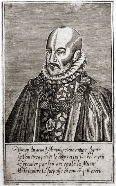 Porträtt av Michel de Montaigne (1533-1592), fransk författare. Gravyr av Thomas de Leu. (1560-1612). av Thomas de Leu