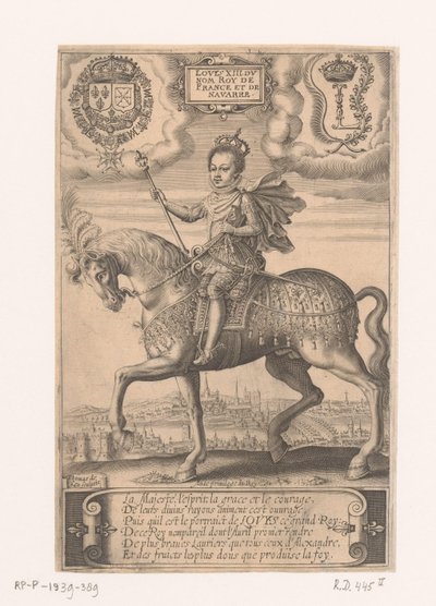 Porträtt av Ludvig XIII till häst, med utsikt över Paris i bakgrunden av Thomas de Leu
