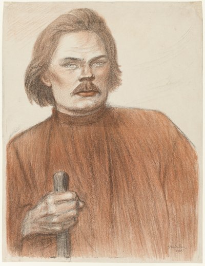 Frontalt porträtt från midjan och upp av Maxime Gorki av Théophile Alexandre Pierre Steinlen