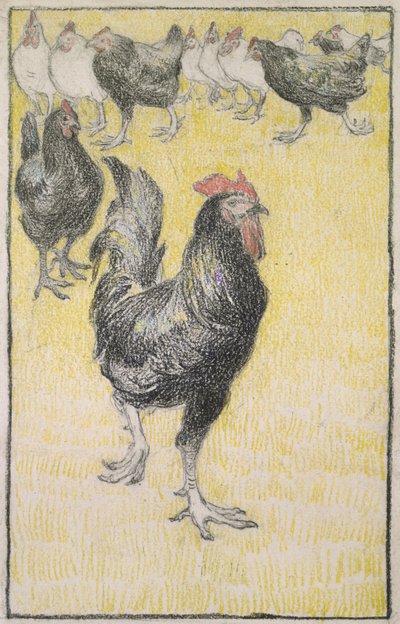 Tupp, följt av svartvita höns (grafit med svart och färgad krita på vitt papper, kantad med en linje i svart krita) av Théophile Alexandre Steinlen