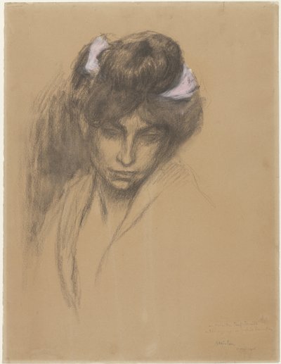Mörkt flickhuvud, tittar framåt, med ett lila band lindat i håret av Théophile Alexandre Steinlen
