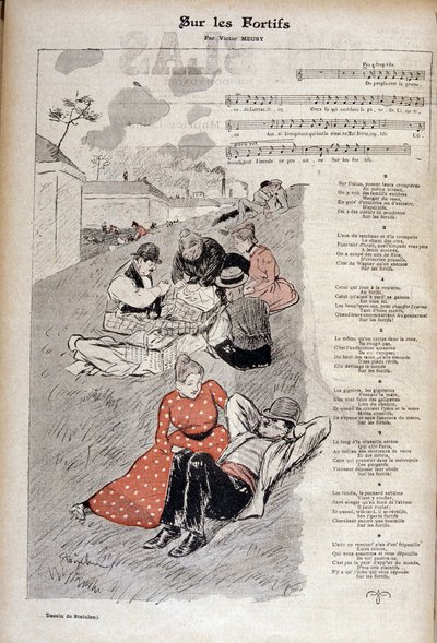 Populär sång "" on the fortices"" av Victor Meusy - teckning av Theophile Alexandre Steinlen i "" Gil blas illustrated"". av Théophile Alexandre Steinlen