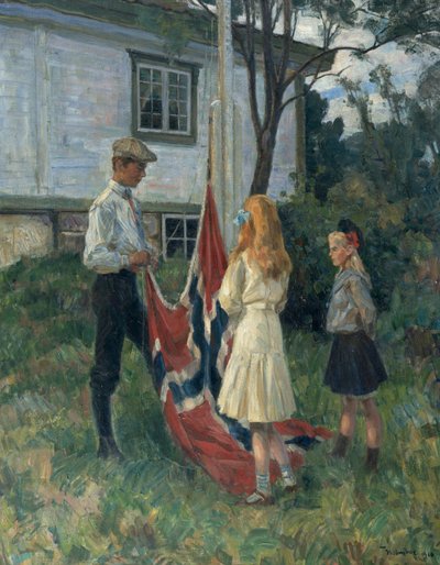 Barn hissar norska flaggan av Thorolf Holmboe