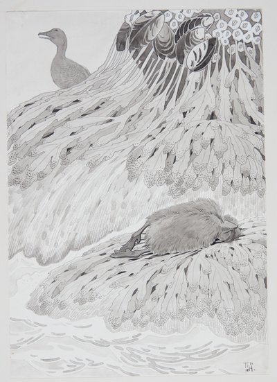 En ejder och en död fågel på en strand av Thorolf Holmboe