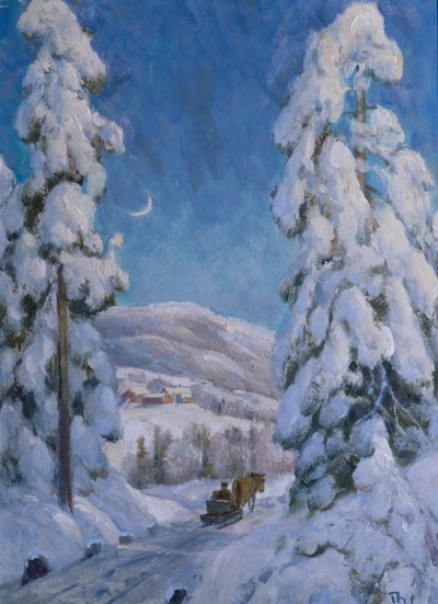Häst och släde i vinterlandskap (olja på duk) av Thorolf Holmboe