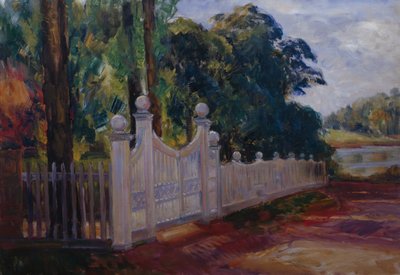Sommarlandskap med trädgårdsstaket och grind av Thorolf Holmboe
