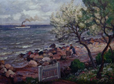 Sommarlandskap med trädgårdsport och kvinna (olja på duk) av Thorolf Holmboe