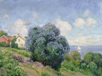 Sommarlandskap med syrenbuske, hus och segelbåt (olja på duk) av Thorolf Holmboe