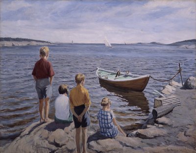 Barn vid kajen (olja på duk) av Thorvald Torgersen