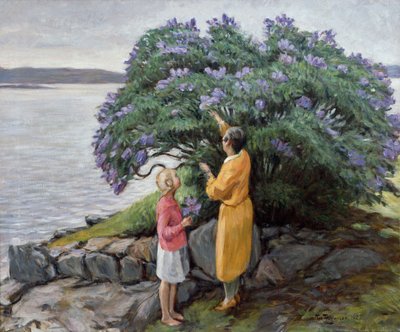 Kvinna och barn vid syrenbusken av Thorvald Torgersen