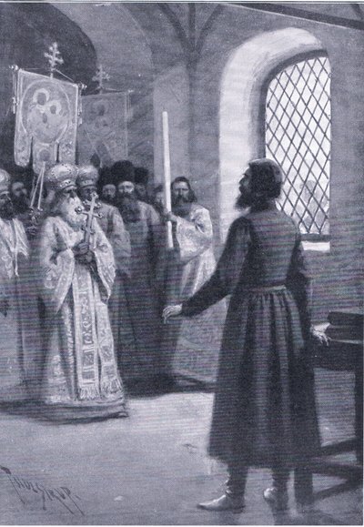 Boris Godunov i pension vid klostret vädjade om att acceptera hans val till tsar, illustration från Landmarks in European History publicerad av Gresham Publishing Co, ca 1920 (litho) av Thure de Thulstrup