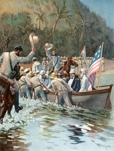 General Shafter och amiral Sampson landar på stranden i Aserradero den 20 juni för att konferera med general Garcia av Thure de Thulstrup