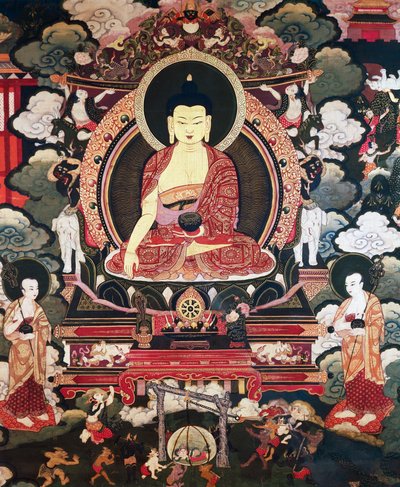 Buddha sittande mellan sina två stora lärjungar Cariputra och Maudgalyayana, scener från Buddha Sakyamunis liv, tibetansk civilisation av Tibetan School