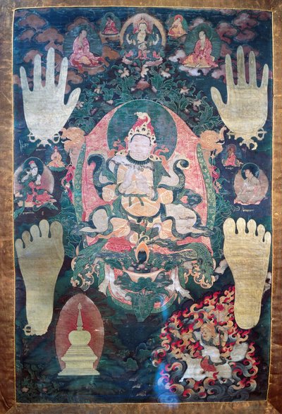 Gnya-Khri btsan-Po, legendarisk första kung av Tibet, reinkarnation av bodhisattva Avalokitesvara, en av de timliga och andliga ledarna i Tibet, målning på duk, tibetansk civilisation av Tibetan School