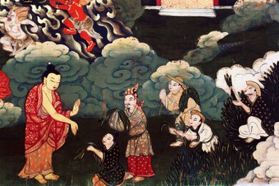 Erbjuder gräsklasar, scener från Buddha Shakyamunis liv av Tibetan School