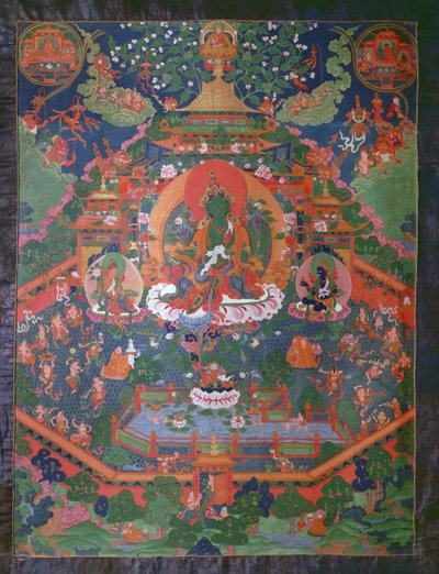 Thangka föreställande Green Tara (gouache på textil) av Tibetan School