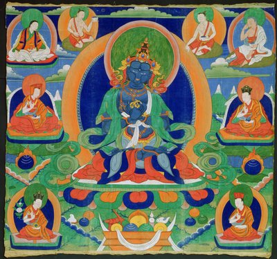 Thangka-målning föreställande Adibuddha Vajradhara (Do rje chang), tibetansk, 1800-tal (valpsjuka på kaliko) av Tibetan School