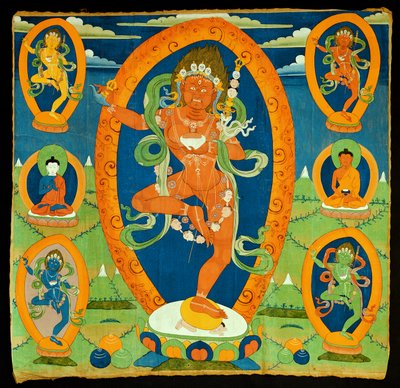 Thangka-målning föreställande Dakini Vajravarahi (Do rje pag mo) tibetansk, 1800-tal (valpsjuka på calico) av Tibetan School