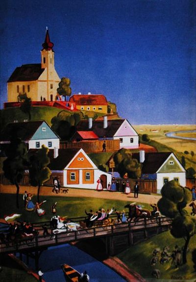 Den typiska ungerska byn, illustration från en turistbroschyr, ca 1930-40 (färg litho) av Tibor Polya