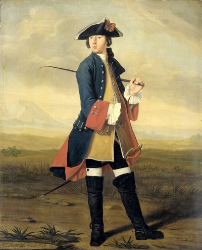 Porträtt av Ludolf Backhuysen II, målare, i dragonernas uniform av Tibout Regters