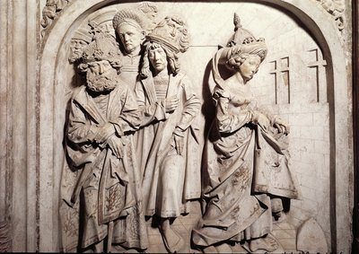 Grav av Henri II 973-1024 och hans hustru Kunigunde, detalj av Kunigundes rättegång genom eld misstänkt för äktenskapsbrott, sten 1499-1513 av Tilman Riemenschneider