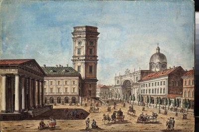 Utsikt över Nevskij Prospekt i Sankt Petersburg (Utsikt över Nevskij Prospekt i Sankt Petersburg) - Verk av Timofei Alexeyevich Vasilyev (1783-1838), akvarell och bläck på papper, cirka 1810 - Rysk konst av Timofei Alexeyevich Vasilyev