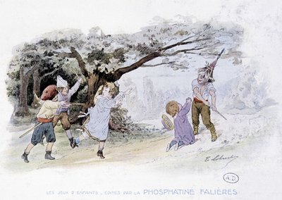 Barnspel: barn som leker krig, soldater - dess. de Lobrichon, red. av Phosphatine Falières, v.1920 av Timoleon Marie Lobrichon