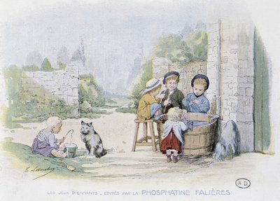 Barnspel: leken att fiska i en hink - dess. de Lobrichon, red. av Phosphatine Falieres, v.1920 av Timoleon Marie Lobrichon