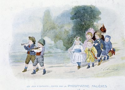 Barnspel: bröllopståg, barn utklädda till brudar - dess. de Lobrichon, red. av Phosphatine Falières, v.1920 av Timoleon Marie Lobrichon