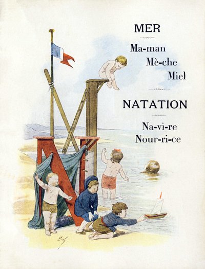 Bokstäverna M och N representerar barn vid stranden, sent 1800-tal (kromolitografi) av Timoleon Marie Lobrichon