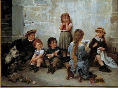 Den spännande passagen Barn som lyssnar på en bok. Målning av Timoleon Lobrichon (1831-1914) 1800-talet. Privat samling av Timoleon Marie Lobrichon