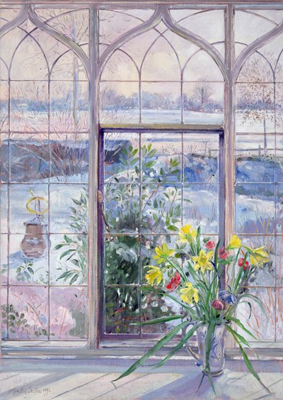 Påskliljor och solur mot snön av Timothy Easton