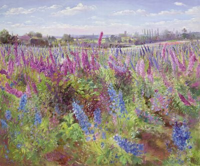 Delphiniumfältet och kyrkan av Timothy Easton