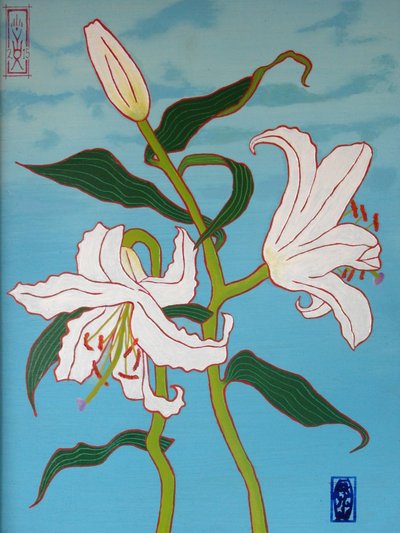 Vit lilja på blå bakgrund, 2010, olja på trä av Timothy Nathan Joel