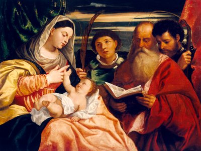 Madonna och barn med Saints Stephen, Jerome och Maurice (olja på duk) av Titian (c.1488-1576) (after)