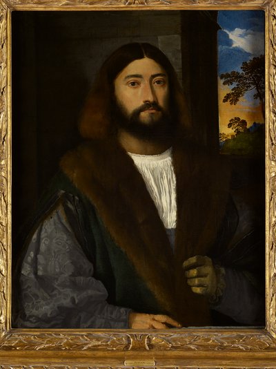 Ett porträtt av en skäggig man (olja på duk) av Titian (c.1488-1576) (attr. to)