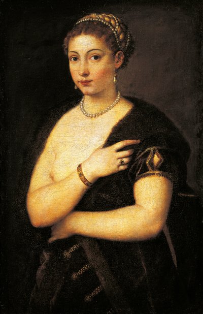Msichana mwenye manyoya, na Titian (takriban 1490-1576), mafuta kwenye turubai 95x63 cmswed av Titian (c.1488 1576)