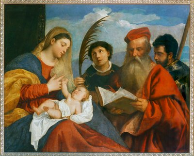 Jungfru Maria och barnet med Sankt Stefan, Sankt Hieronymus ... av Titian (c.1488-1576)