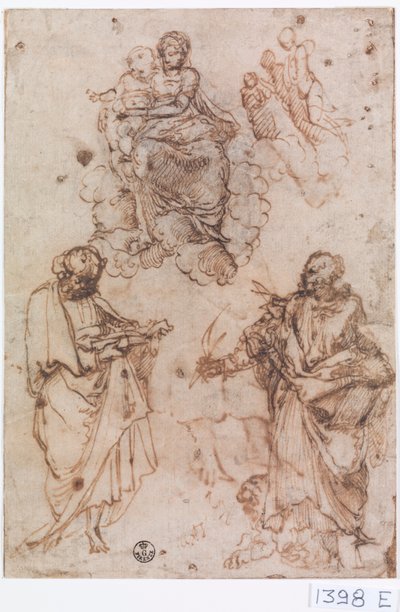 Madonna und Kind auf Wolken mit Heiligen oder Aposteln von Titian (c.1488-1576)