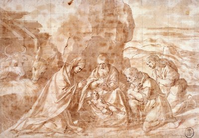 Nativity av Titian (ca 1490-1576), teckning av Titian (c.1488 1576)