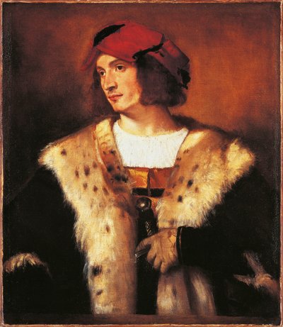 Porträtt av ung man klädd i päls av Titian (c.1488 1576)