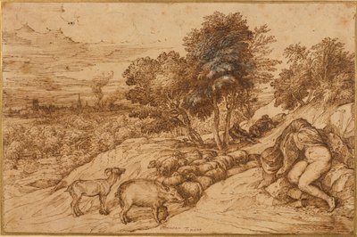Ett skogslandskap med en naken kvinna, hennes huvud dolt av en kappa (penna & brunt bläck på krämpapper) av Titian (c.1488 1576)