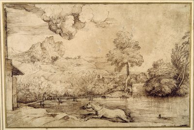 Landskap: en ryttarelös häst förföljd av en orm (penna & brunt bläck på krämfärgat papper) av Titian (c.1488 1576)