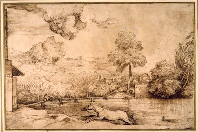 Landskap: en ryttarelös häst förföljd av en orm (penna & brunt bläck på krämpapper) av Titian (c.1488 1576)