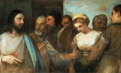 Le Christ et la femme adultere - Kristus och kvinnan tagen i äktenskapsbrott, av Titian (1488-1576). Olja på duk, ca. 1520. Mått : 82,5x136,5 cm. Konsthistoriska museet, Vienne av Tiziano Vecelli