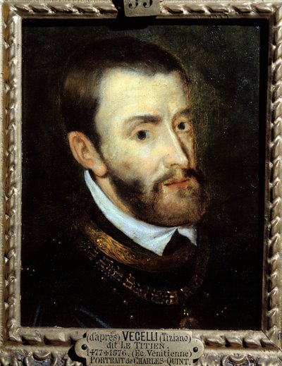 Porträtt av kejsar Karl V (1500-1558) Målning av Augustine Quesnel (1595-1661) efter Tiziano Vecellio känd som Le Titian (1485-1576) 1500-talet. Chantilly, Musee Conde av Titian (c.1488 1576)