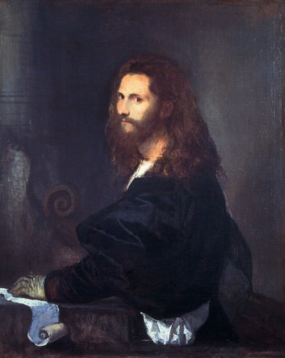 Porträtt av en musiker, av Tiziano Vecellio (1490-1576), olja på duk, 82x99 cm. av Titian (c.1488 1576)