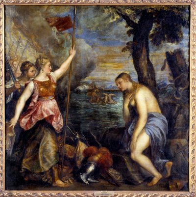 Religion räddad av Spanien. Målning av Tiziano Vecellio kallad Tizianen (1485-1576) av Tiziano Vecelli