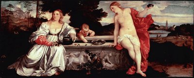 Helig kärlek och världslig kärlek Målning av Tiziano Vecellio kallad Titian (1490-1576) 1515 ca. Sol. 118x279 cm Rom, Galleria Borghese - Helig och profan kärlek - Målning av Tiziano Vecellio, kallad Titian (c.1488-1576), olja på duk, ca. 1515 (118x279 av Tiziano Vecelli