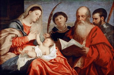 Jungfrun och barnet med de heliga Stefanus, Hieronymus och Maurice - Tizian (1488-1576). Olja på trä, c. 1520. Mått : 92,7x138 cm. Konsthistoriska museet, Vienne av Titian (c.1488 1576)